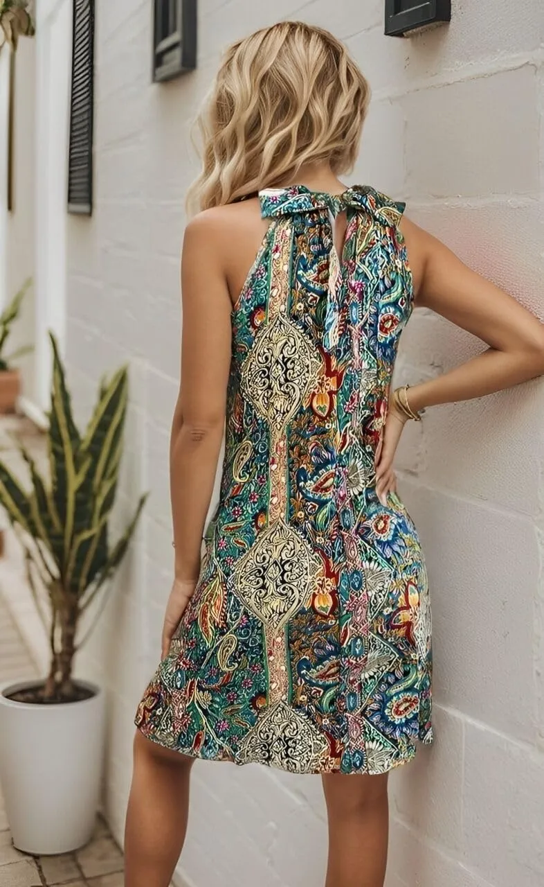 AIMITAG Cute Floral Print Pleated Dress for Women Summer Sleeveless Halter Neck Dresses Boho Tropical Ruffle Sundress
