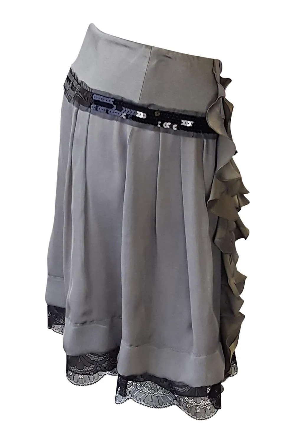 ALBERTA FERRETTI Grey Silk Frill Front Mini Skirt (38)