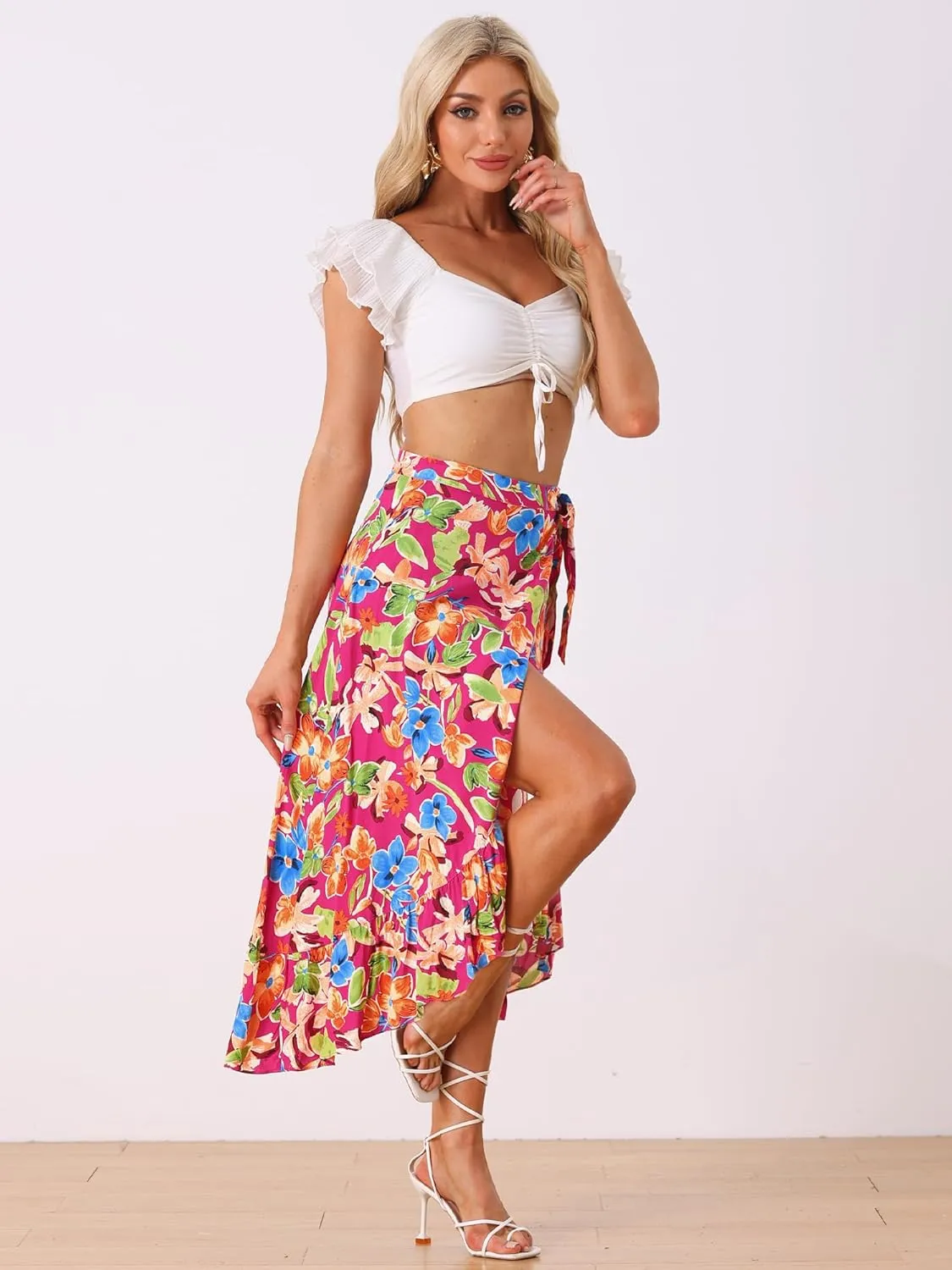 Allegra K Women's Tropical Floral Print Ruffle Self Tie Knot Split Beach Hawaiian Wrap Skirt