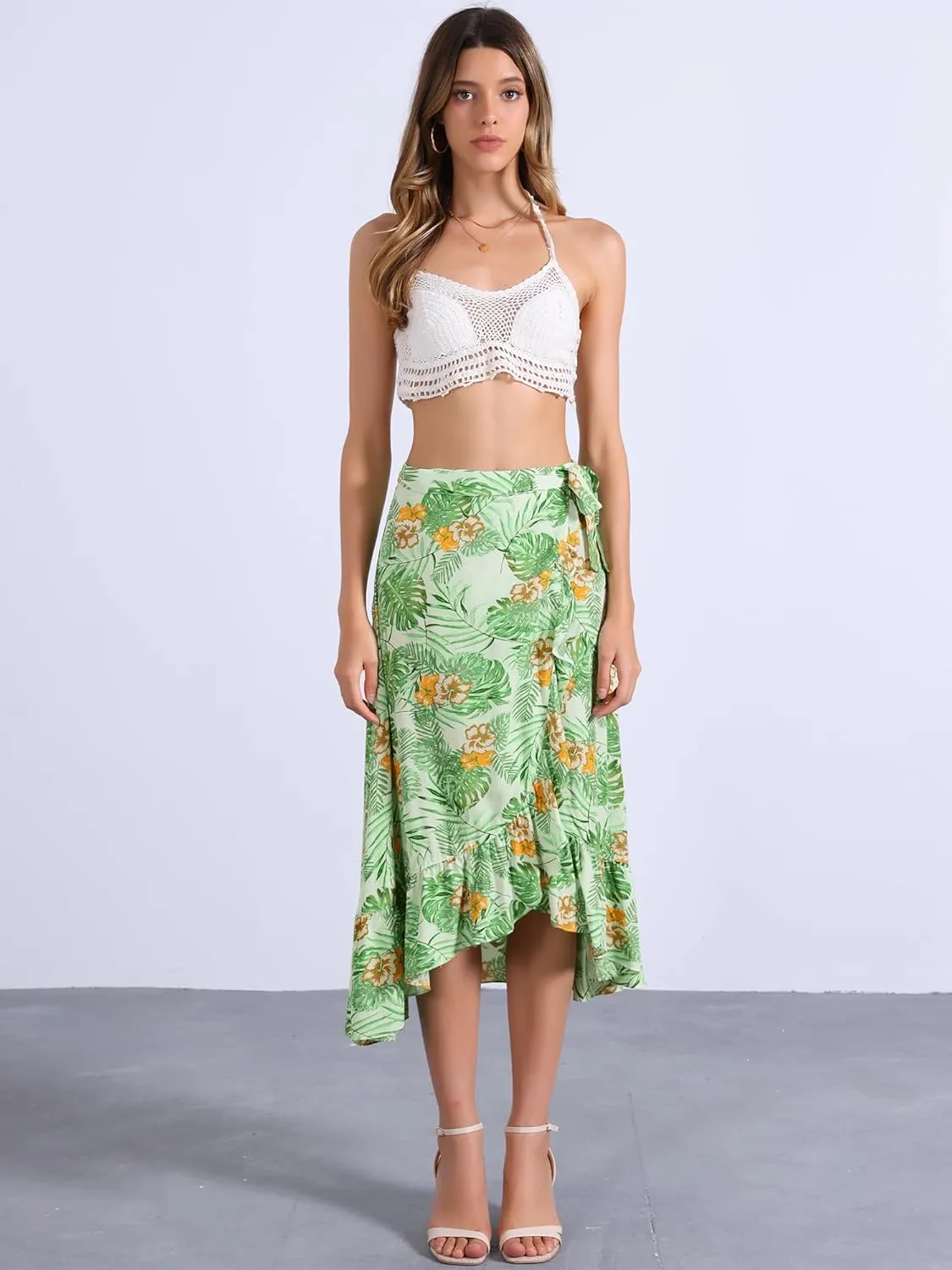 Allegra K Women's Tropical Floral Print Ruffle Self Tie Knot Split Beach Hawaiian Wrap Skirt