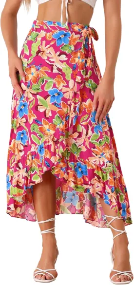 Allegra K Women's Tropical Floral Print Ruffle Self Tie Knot Split Beach Hawaiian Wrap Skirt