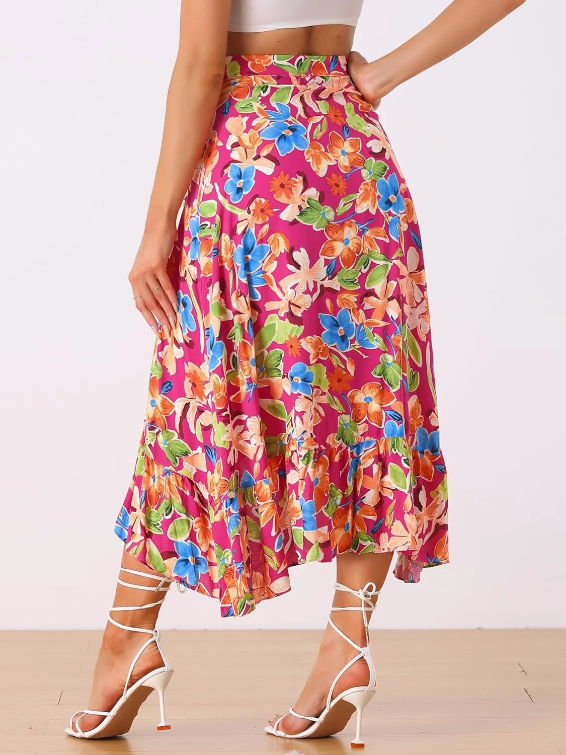 Allegra K Women's Tropical Floral Print Ruffle Self Tie Knot Split Beach Hawaiian Wrap Skirt