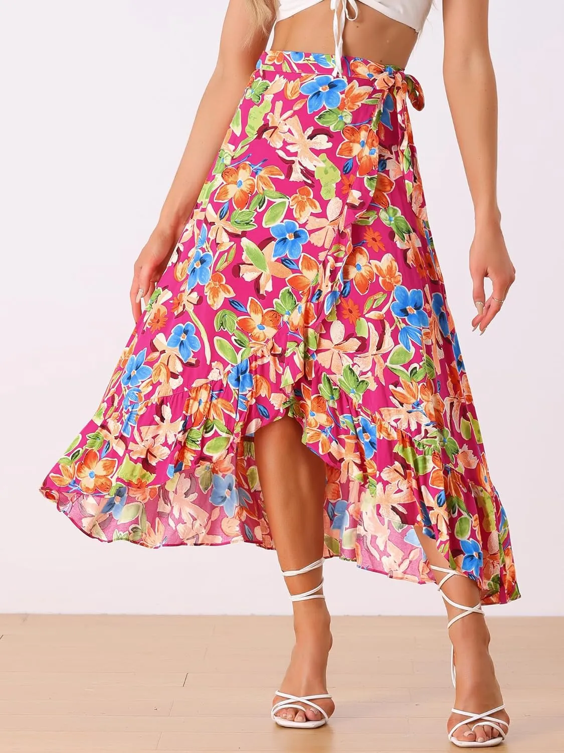 Allegra K Women's Tropical Floral Print Ruffle Self Tie Knot Split Beach Hawaiian Wrap Skirt