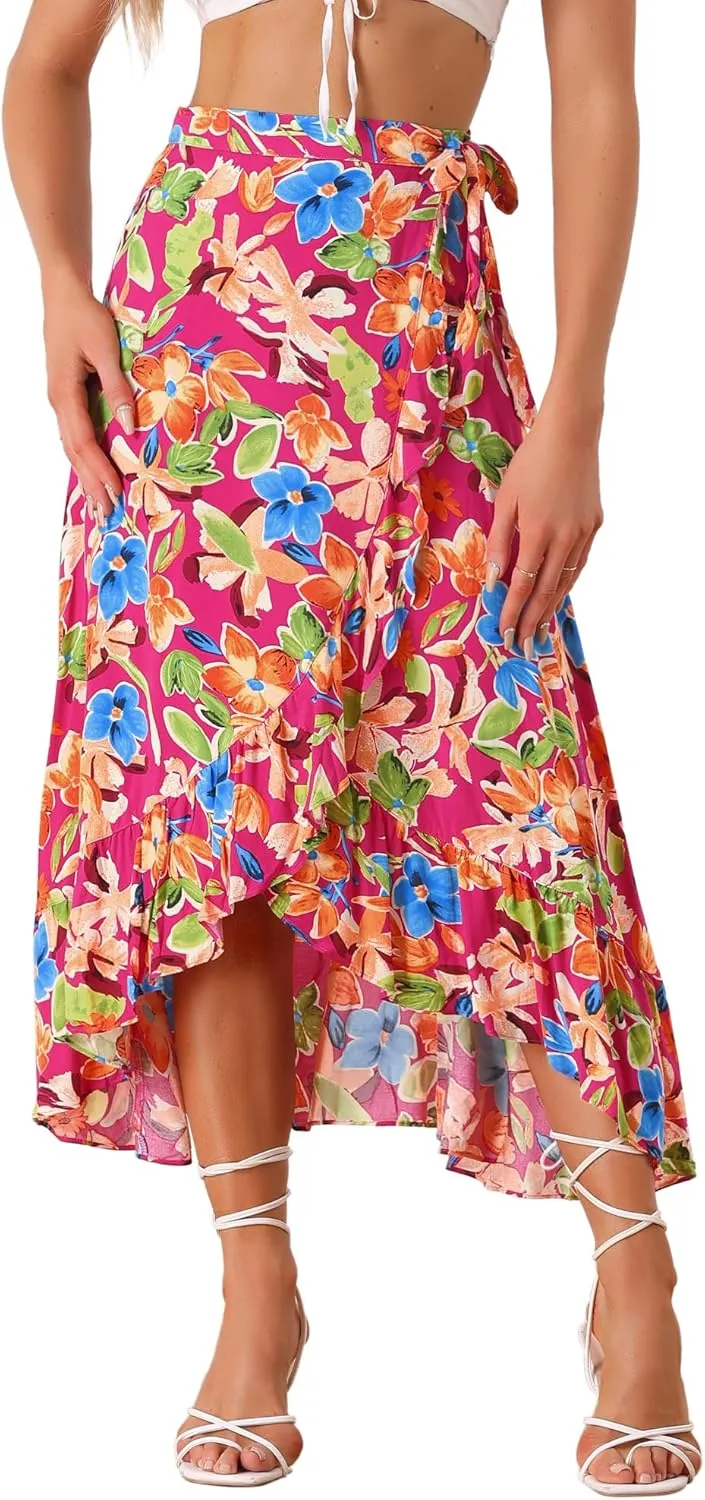 Allegra K Women's Tropical Floral Print Ruffle Self Tie Knot Split Beach Hawaiian Wrap Skirt