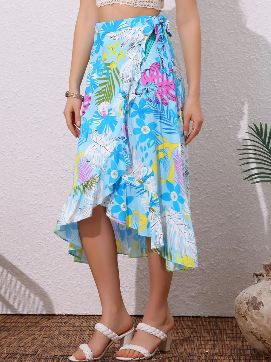 Allegra K Women's Tropical Floral Print Ruffle Self Tie Knot Split Beach Hawaiian Wrap Skirt