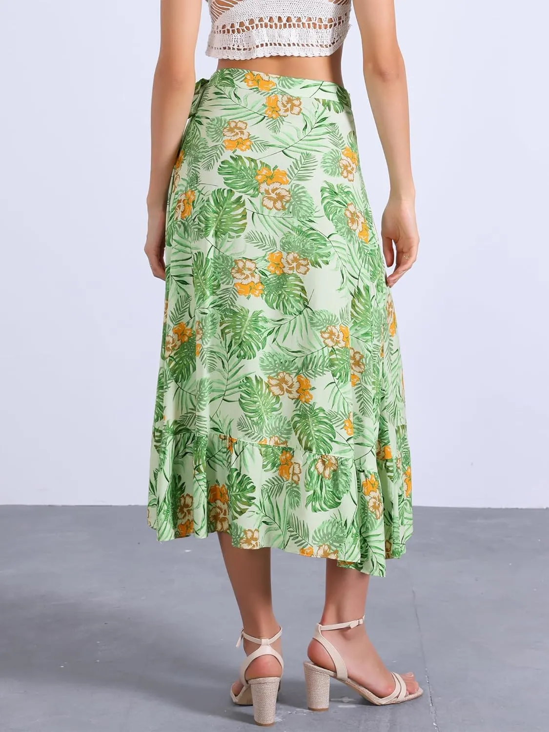 Allegra K Women's Tropical Floral Print Ruffle Self Tie Knot Split Beach Hawaiian Wrap Skirt