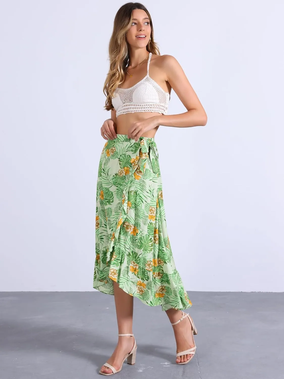 Allegra K Women's Tropical Floral Print Ruffle Self Tie Knot Split Beach Hawaiian Wrap Skirt