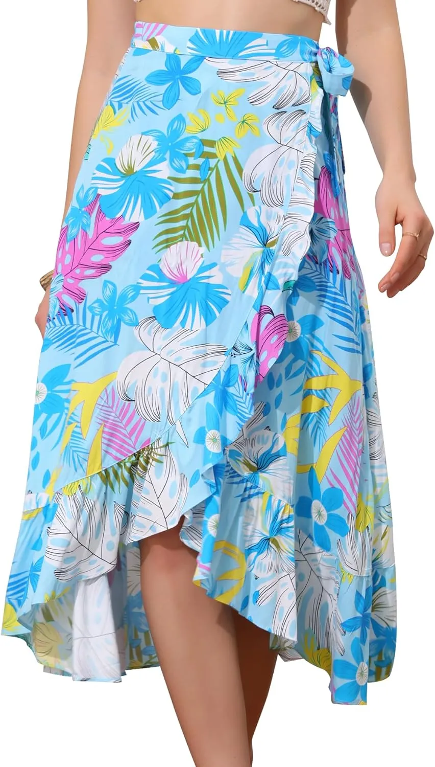 Allegra K Women's Tropical Floral Print Ruffle Self Tie Knot Split Beach Hawaiian Wrap Skirt