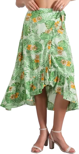 Allegra K Women's Tropical Floral Print Ruffle Self Tie Knot Split Beach Hawaiian Wrap Skirt