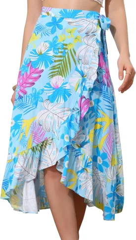 Allegra K Women's Tropical Floral Print Ruffle Self Tie Knot Split Beach Hawaiian Wrap Skirt