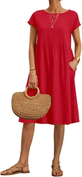 BIRW Cotton Linen Dresses for Women 2025 Summer Casual A Line Flowy Dress Beach Vacation Midi Gauze Dress with Pockets