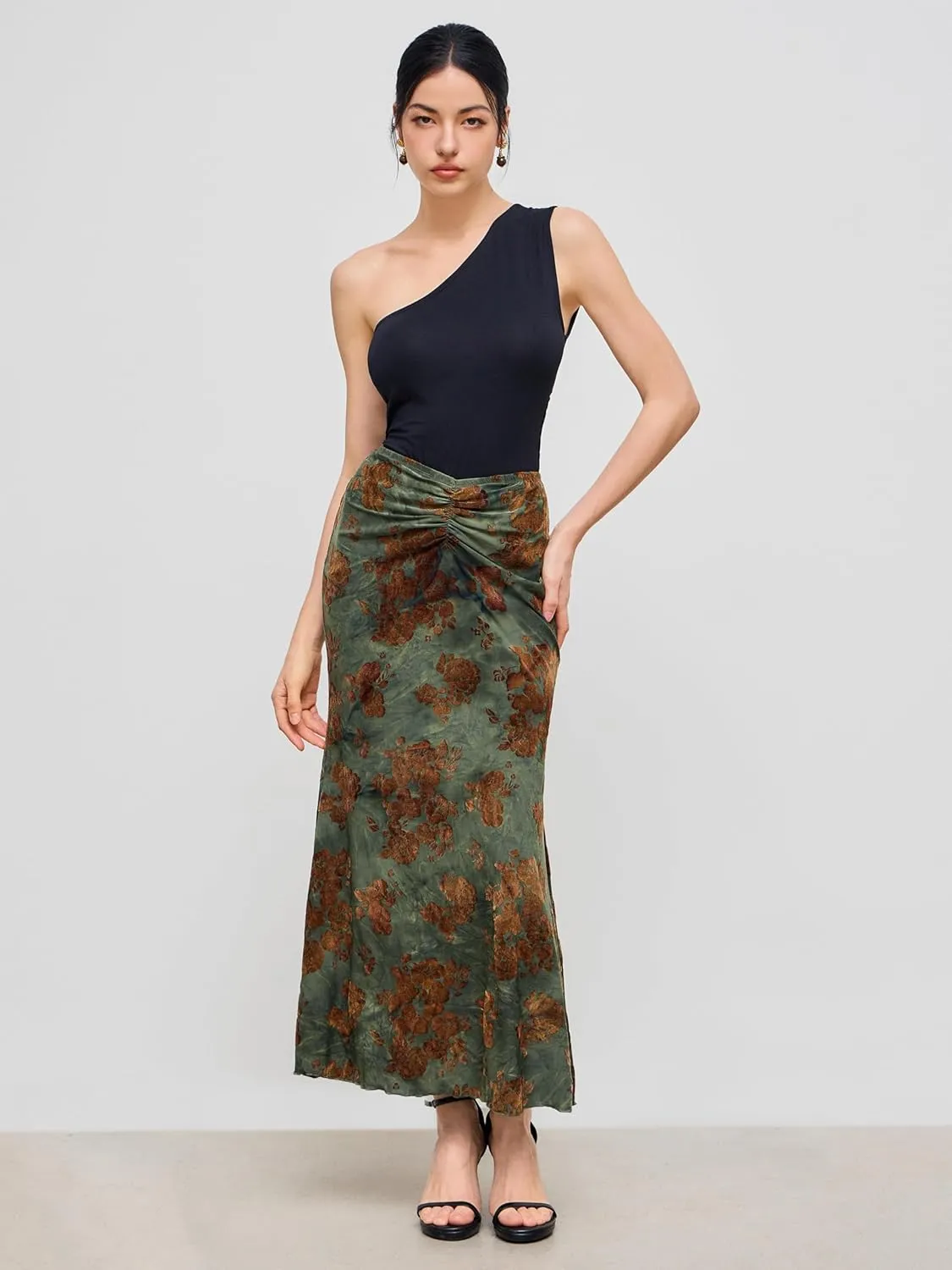CIDER Skirt Maxi Skirt for Women Floral Print Ruched Bodycon Fishtail Long Skirt Mid Waist Long Skirt Boho