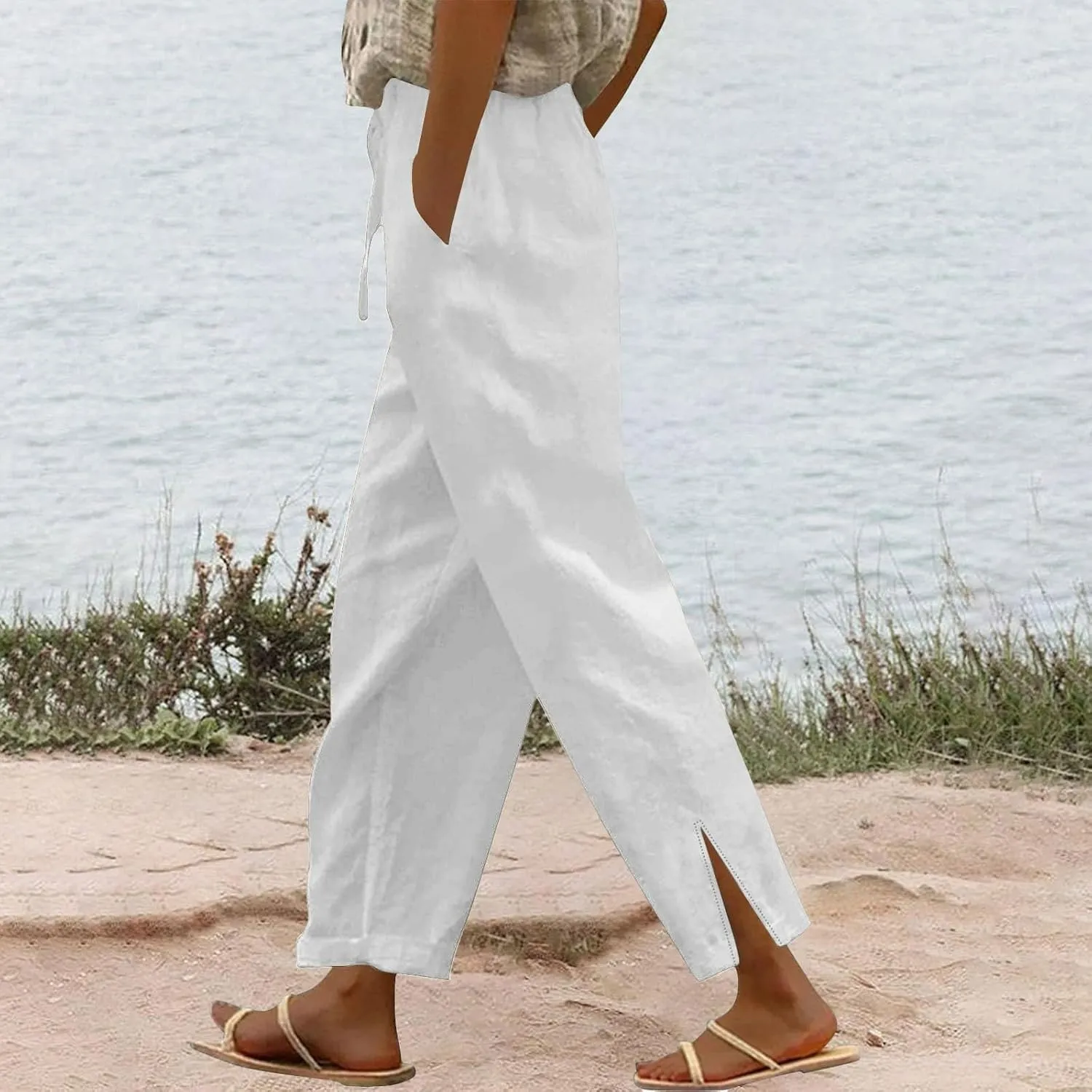Cotton Linen Pants for Women 2025 Summer Gauze Drawstring High Waisted Wide Leg Trousers Beach Vacation Clothes