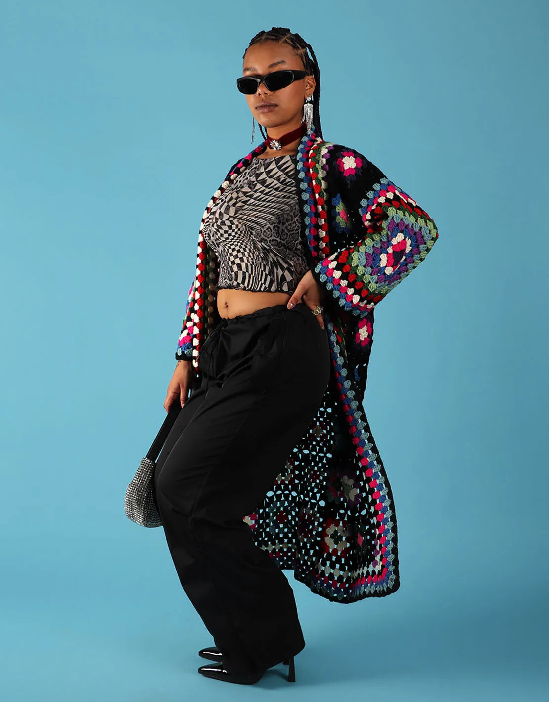 Crochet patchwork long cardigan