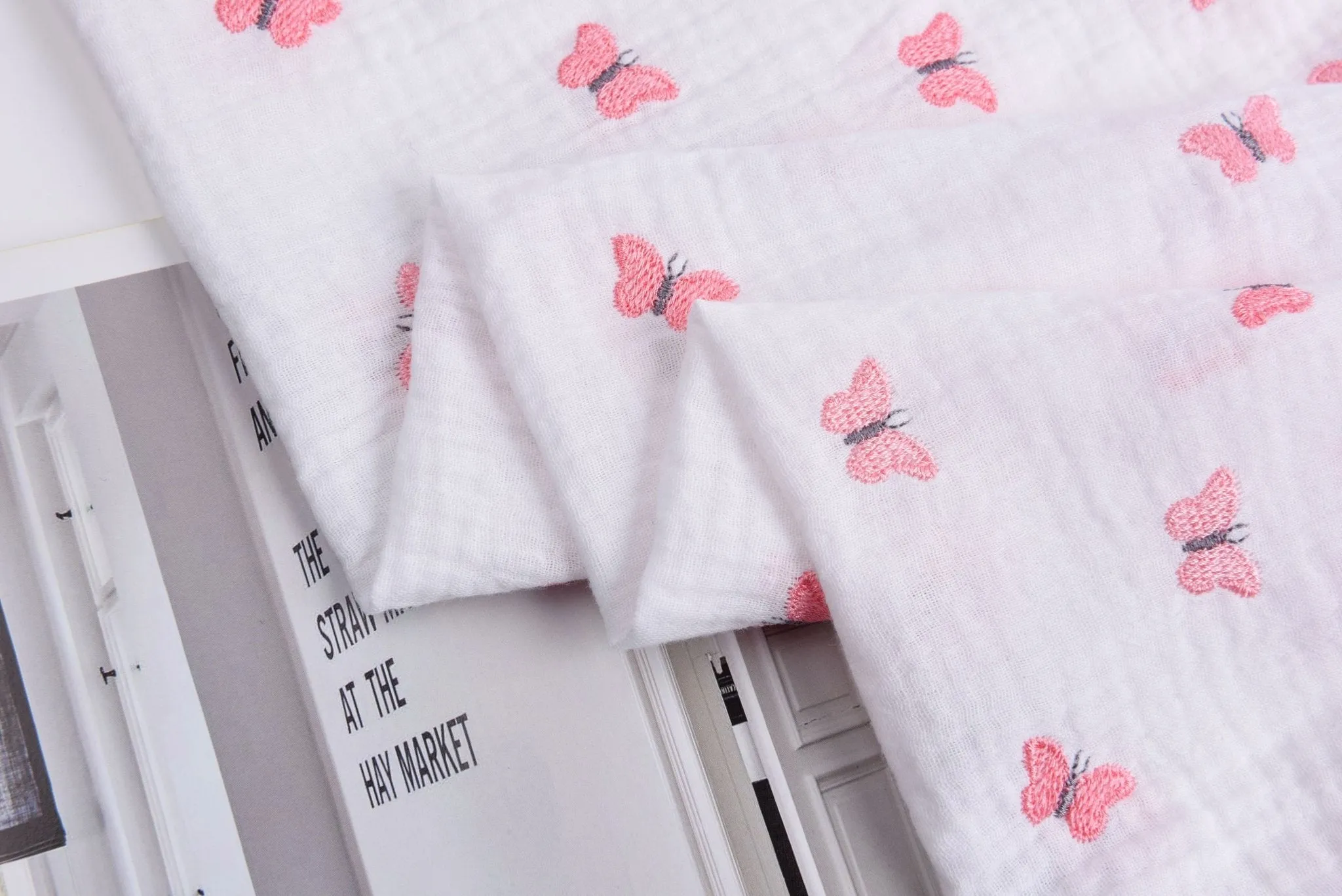 Double layered gauze muslin fabric with embroidery