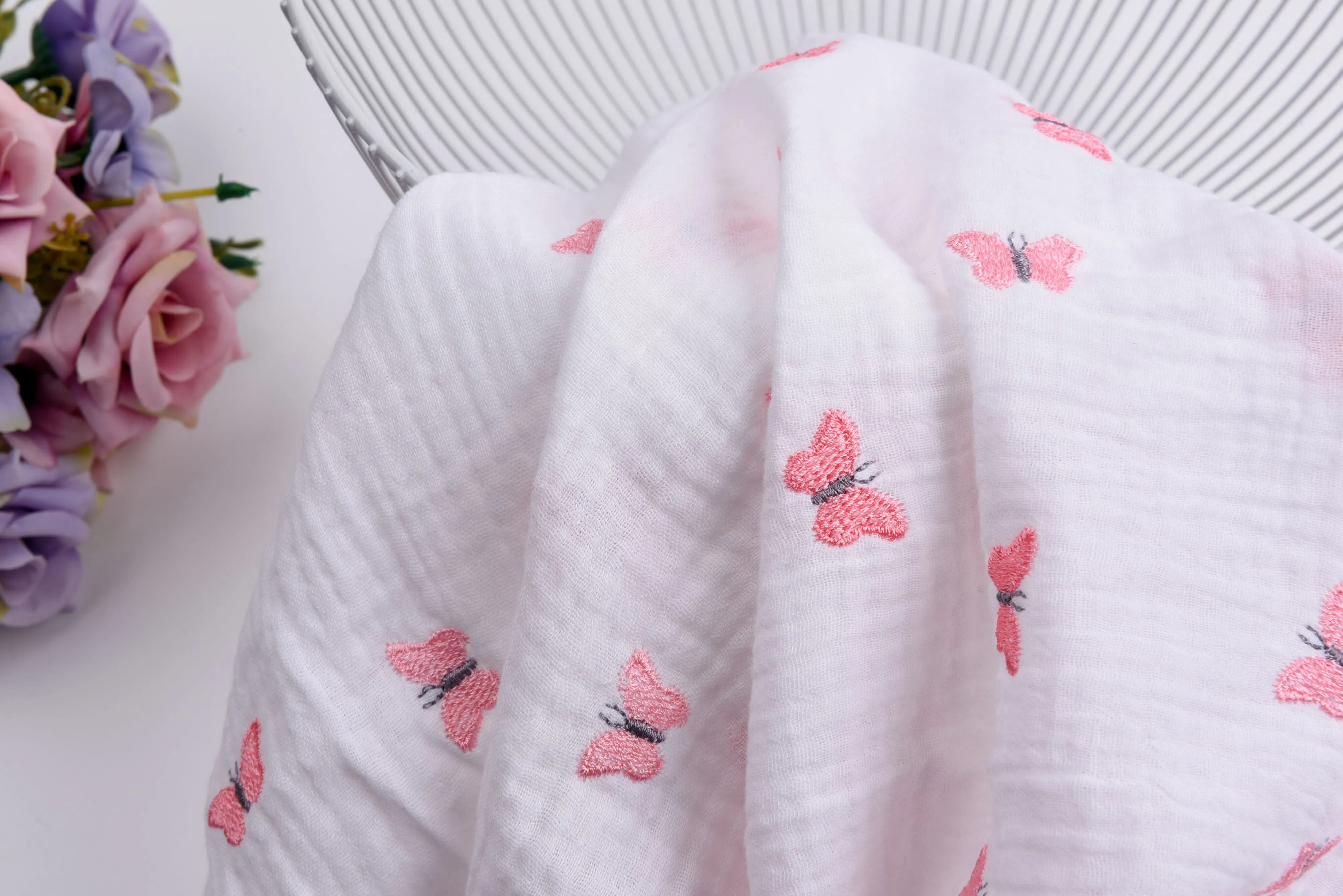 Double layered gauze muslin fabric with embroidery