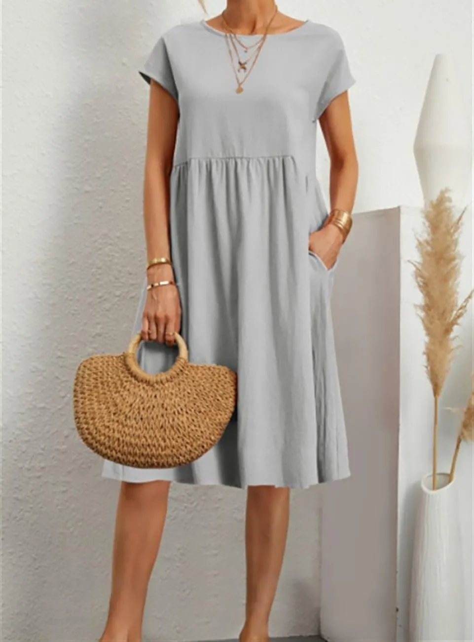 Dresses for Women 2024 Summer Cotton Linen Solid Gauze Dress Loose Casual Beach Vacation Flowy Midi Dress with Pockets