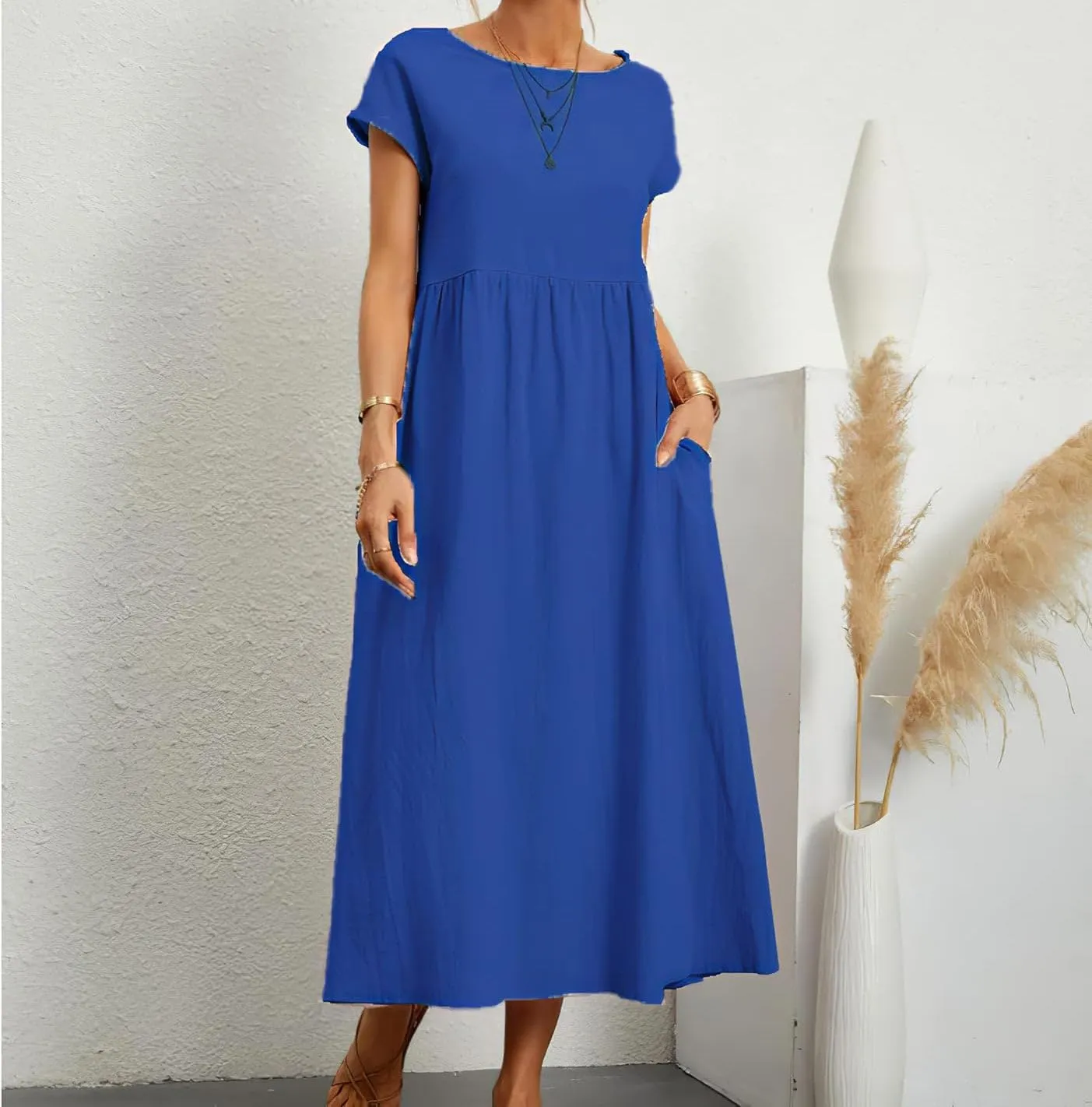 Dresses for Women 2024 Summer Cotton Linen Solid Gauze Dress Loose Casual Beach Vacation Flowy Midi Dress with Pockets