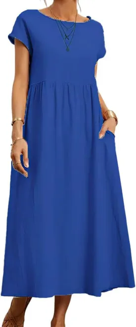 Dresses for Women 2024 Summer Cotton Linen Solid Gauze Dress Loose Casual Beach Vacation Flowy Midi Dress with Pockets