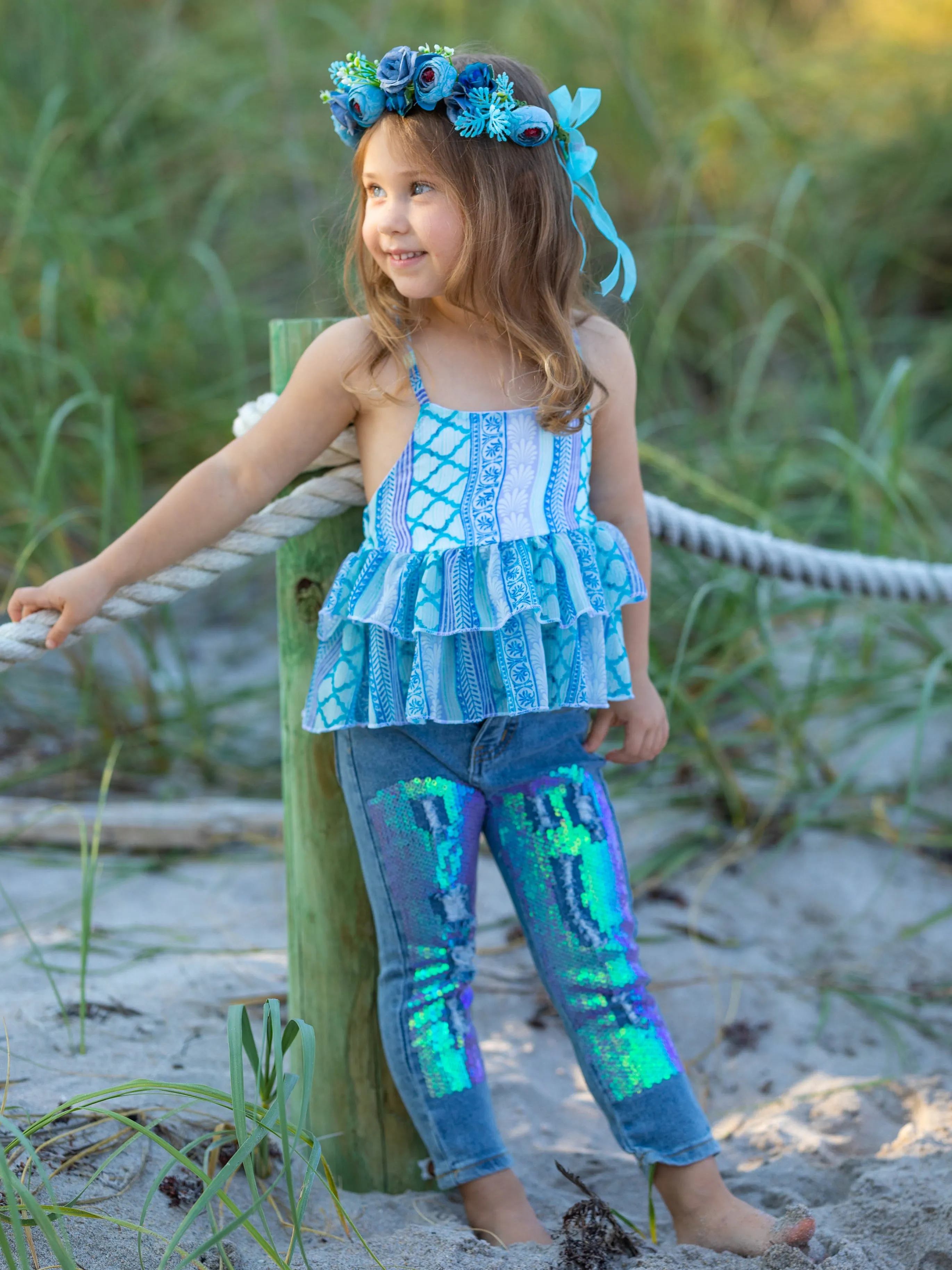 Easy Breezy Tropical Sequin Jeans Set