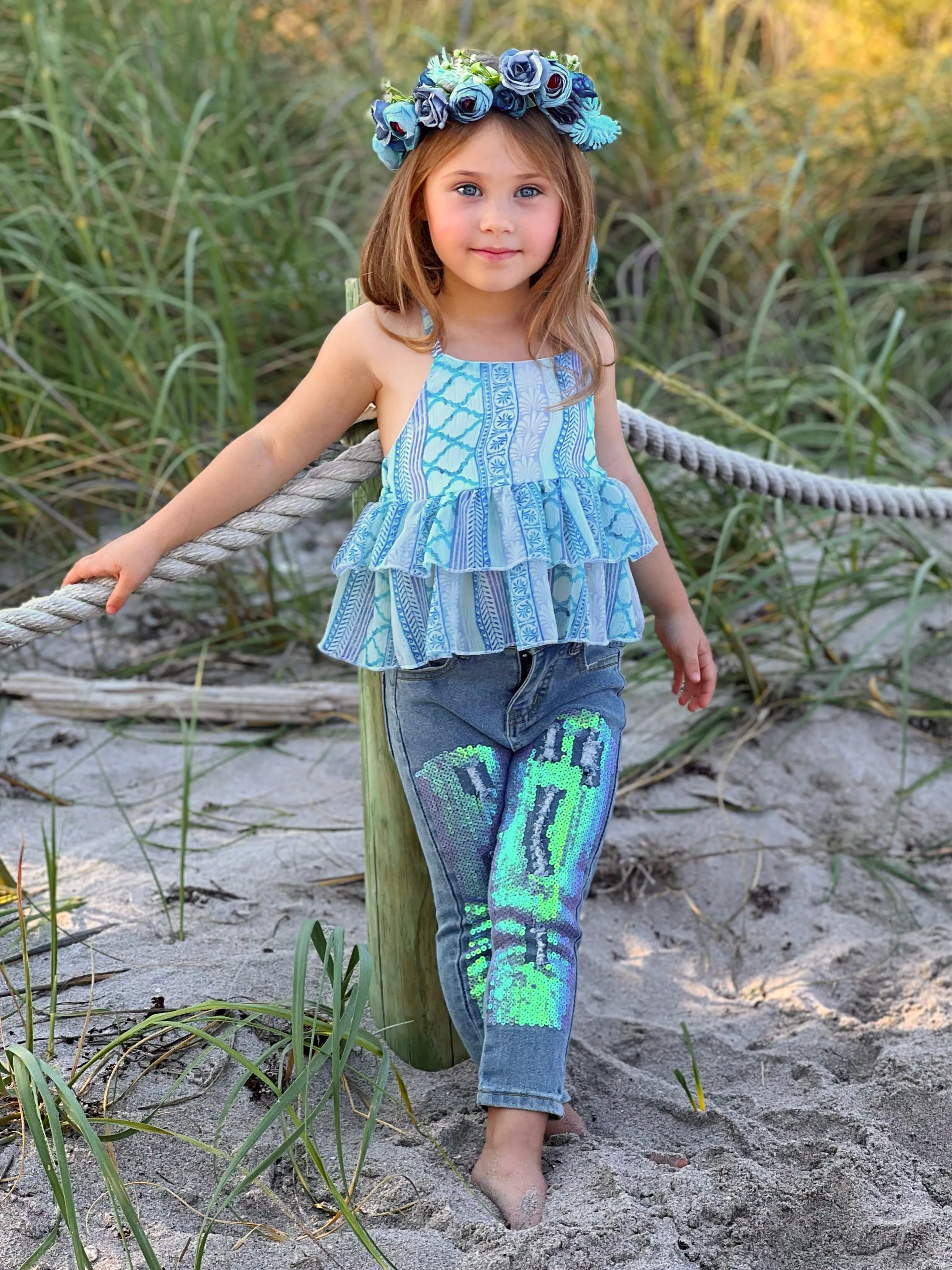 Easy Breezy Tropical Sequin Jeans Set