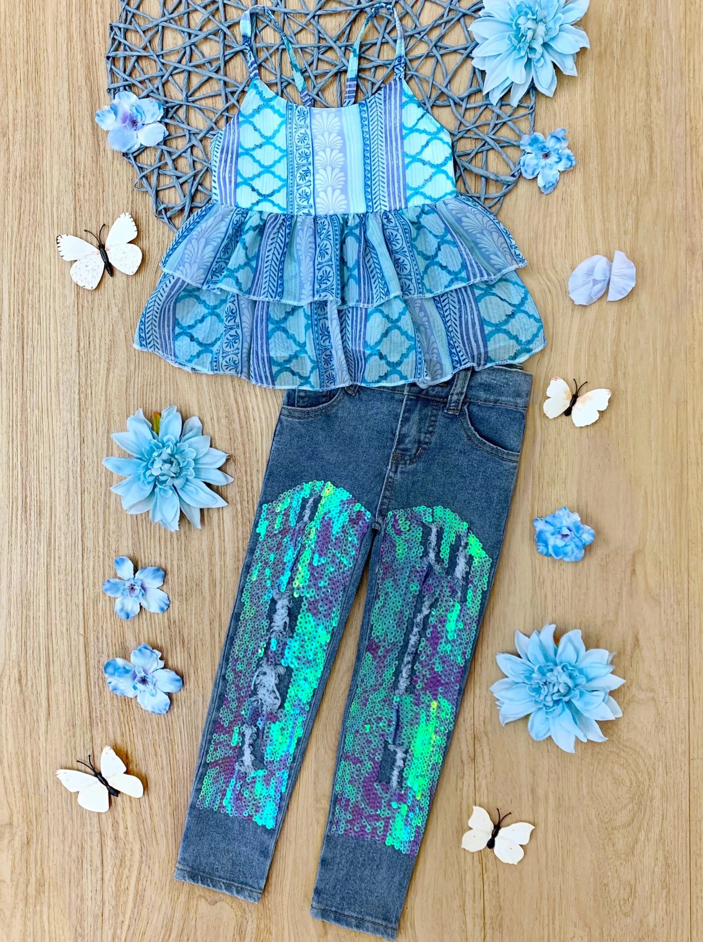 Easy Breezy Tropical Sequin Jeans Set