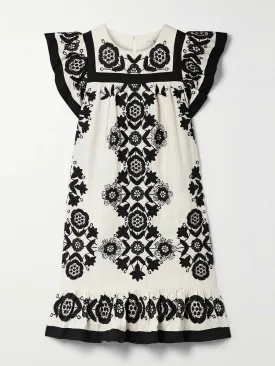 Embroidered cotton and linen-blend mini dress