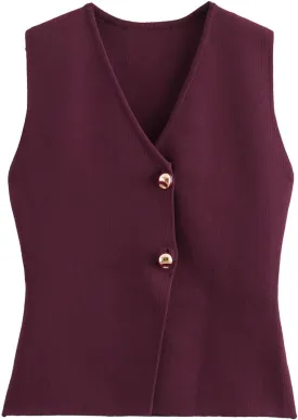 FindThy Womens Cropped Knit Vest V Neck Button Up Solid Color Sleeveless Gilet Tank Tops