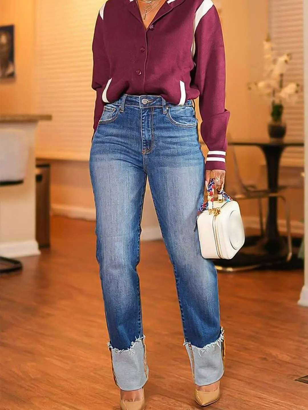 Flamingals High Waist Straight Leg Jeans Bootcut Raw Roll Hem Wash Butt Lifting Jeans