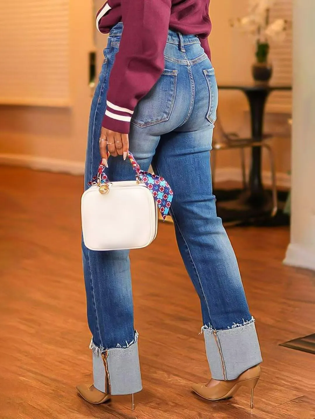 Flamingals High Waist Straight Leg Jeans Bootcut Raw Roll Hem Wash Butt Lifting Jeans