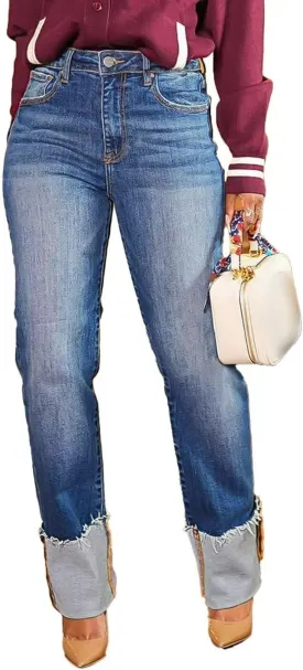 Flamingals High Waist Straight Leg Jeans Bootcut Raw Roll Hem Wash Butt Lifting Jeans