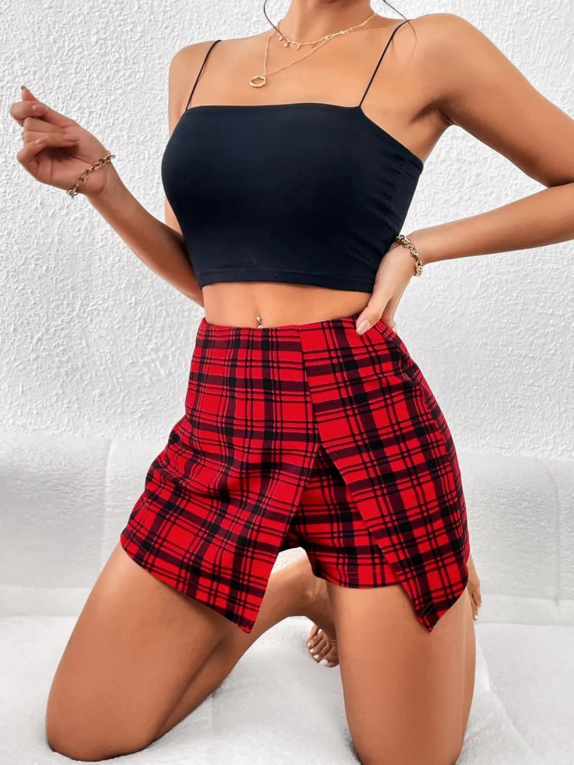 Floerns Women's Plaid Print Wrap Front Zipper Skorts High Waisted Split Hem Shorts