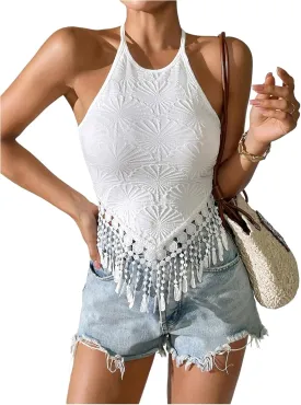 Floerns Women's Summer Halter Tops Fringe Trim Sleeveless Hanky Hem Tank Top
