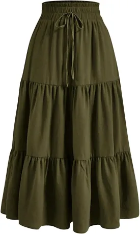 Floral Maxi Skirt for Women Flowy High Waisted Drawstring Ruffle Hem Skort Summer Trendy A-Line Vacation Beach Skirt