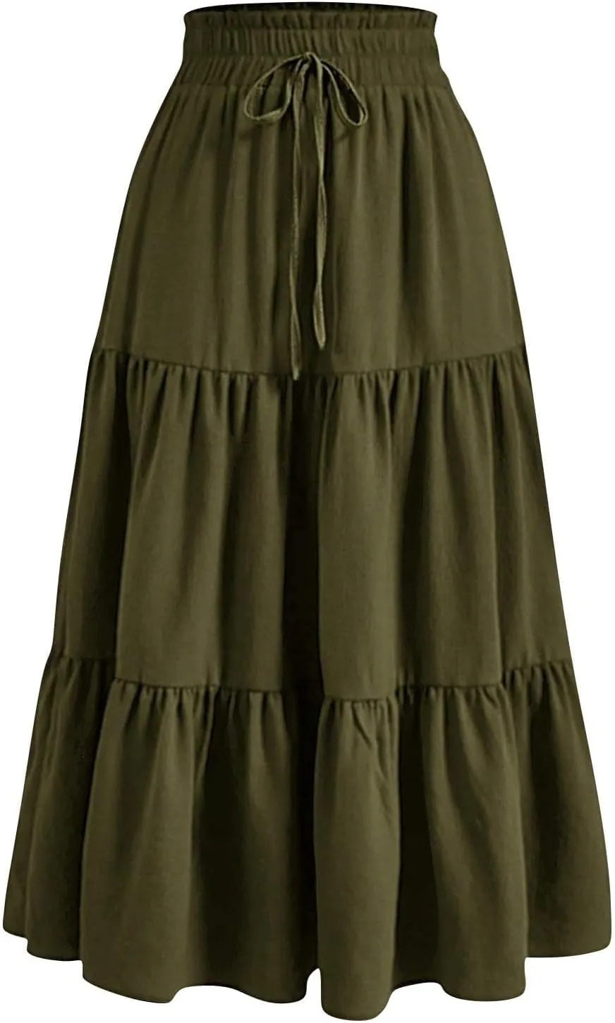 Floral Maxi Skirt for Women Flowy High Waisted Drawstring Ruffle Hem Skort Summer Trendy A-Line Vacation Beach Skirt
