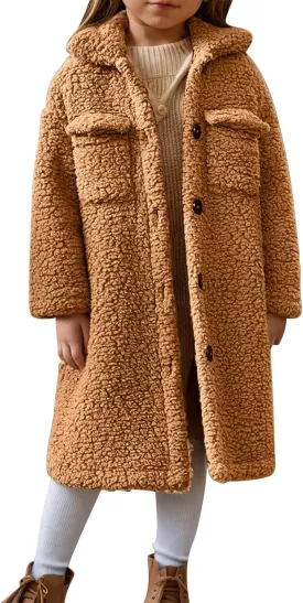 Girls Winter Long Coat Thick Warm Sherpa Teddy Jacket Casual Button Down Fleece Overcoat Faux Fur Outwear 3-12 Years