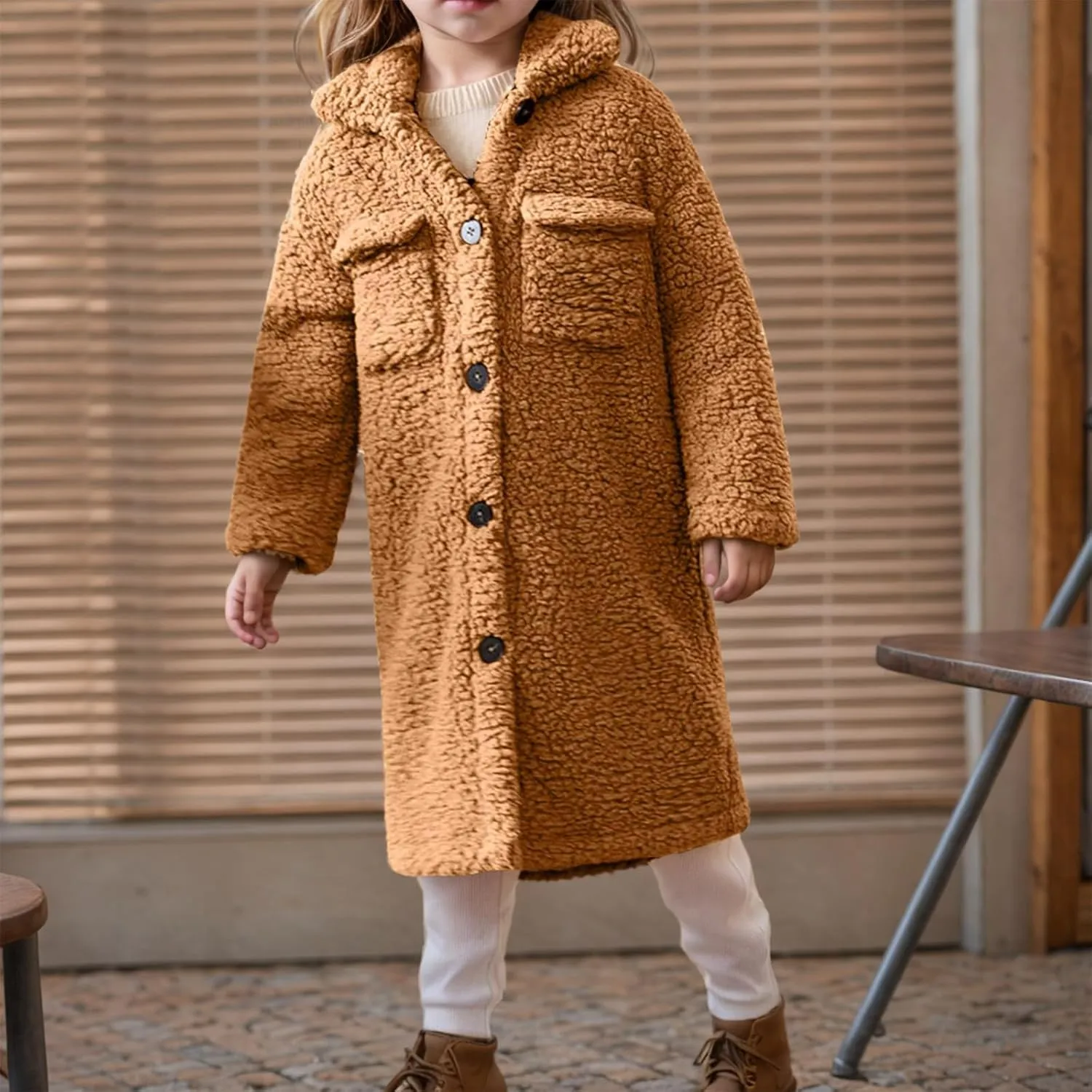 Girls Winter Long Coat Thick Warm Sherpa Teddy Jacket Casual Button Down Fleece Overcoat Faux Fur Outwear 3-12 Years