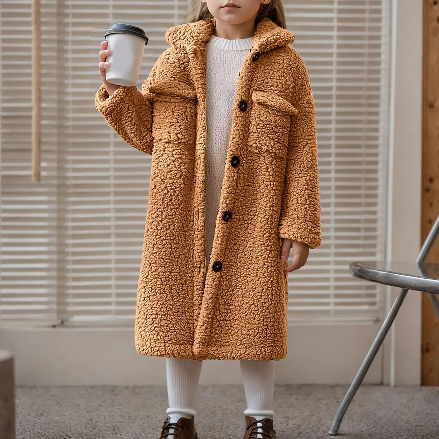 Girls Winter Long Coat Thick Warm Sherpa Teddy Jacket Casual Button Down Fleece Overcoat Faux Fur Outwear 3-12 Years
