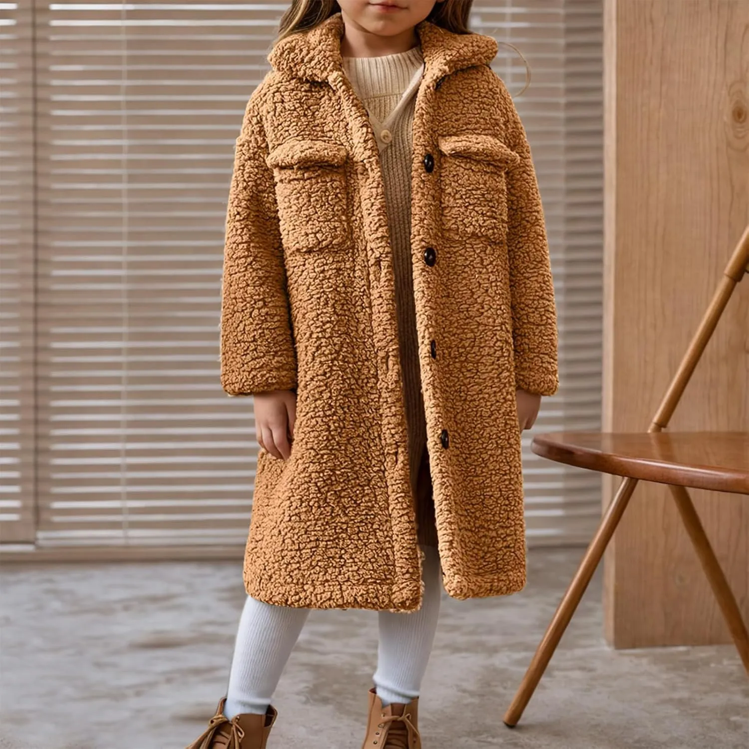 Girls Winter Long Coat Thick Warm Sherpa Teddy Jacket Casual Button Down Fleece Overcoat Faux Fur Outwear 3-12 Years