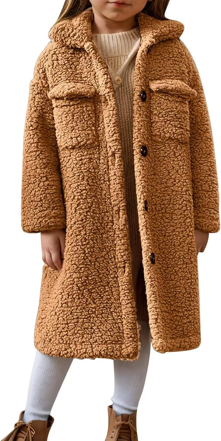 Girls Winter Long Coat Thick Warm Sherpa Teddy Jacket Casual Button Down Fleece Overcoat Faux Fur Outwear 3-12 Years