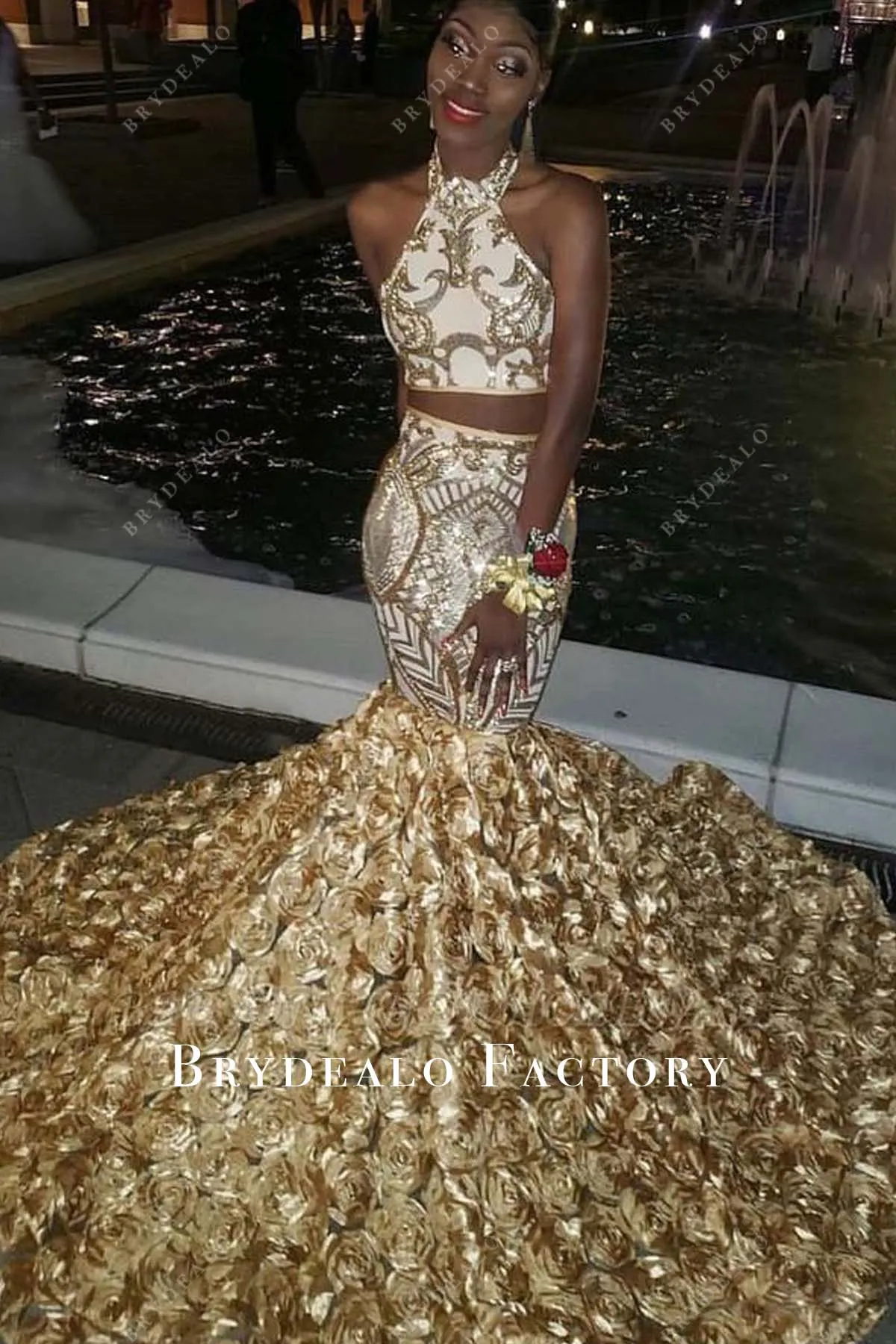 Gold Sequin Two Piece Trumpet 3D Rose Prom Dress