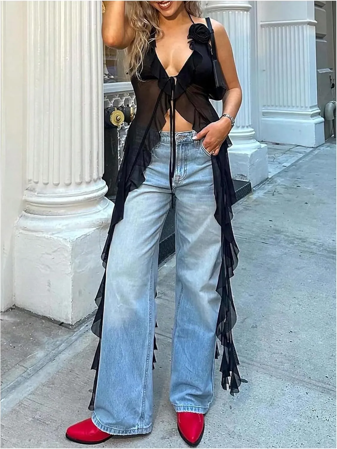 GORGLITTER Women's Flower Tie Front Halter Tops Y2K Ruffle Bow Sleeveless Open Back Fringe Going Out Tops 2025