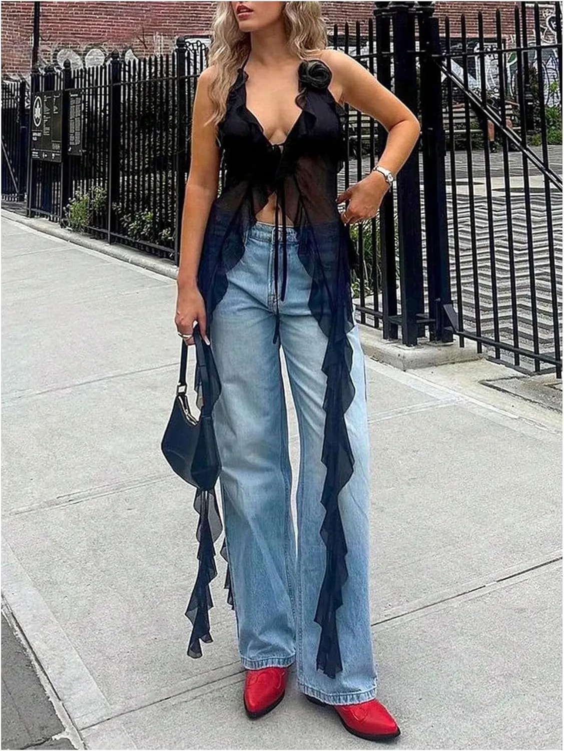 GORGLITTER Women's Flower Tie Front Halter Tops Y2K Ruffle Bow Sleeveless Open Back Fringe Going Out Tops 2025