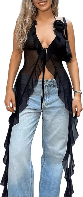 GORGLITTER Women's Flower Tie Front Halter Tops Y2K Ruffle Bow Sleeveless Open Back Fringe Going Out Tops 2025