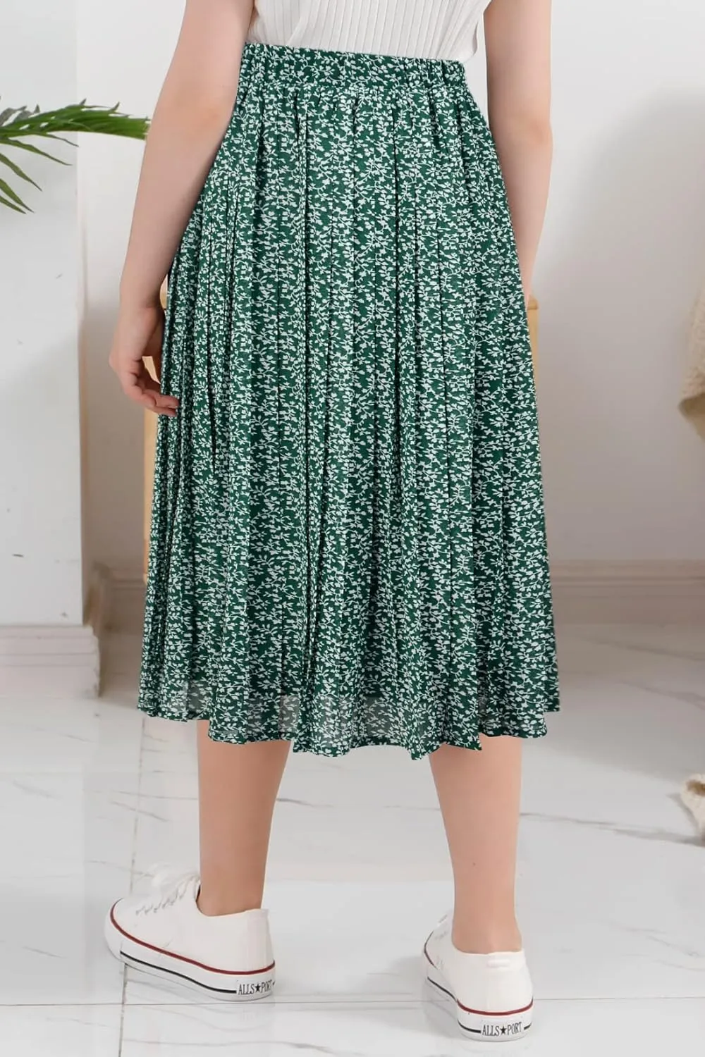 GORLYA Girls Chiffon Pleated Elastic High Waist A-Line Boho Swing Maxi Long Skirt 4-14T