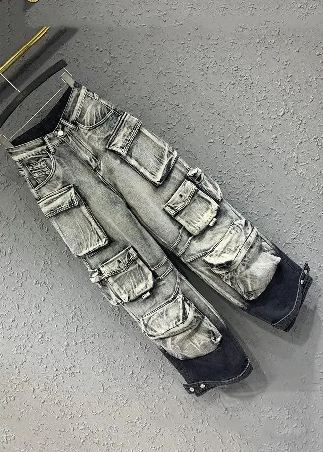 Gradient Color Grey Pockets Patchwork Straight Jeans Fall ML0762