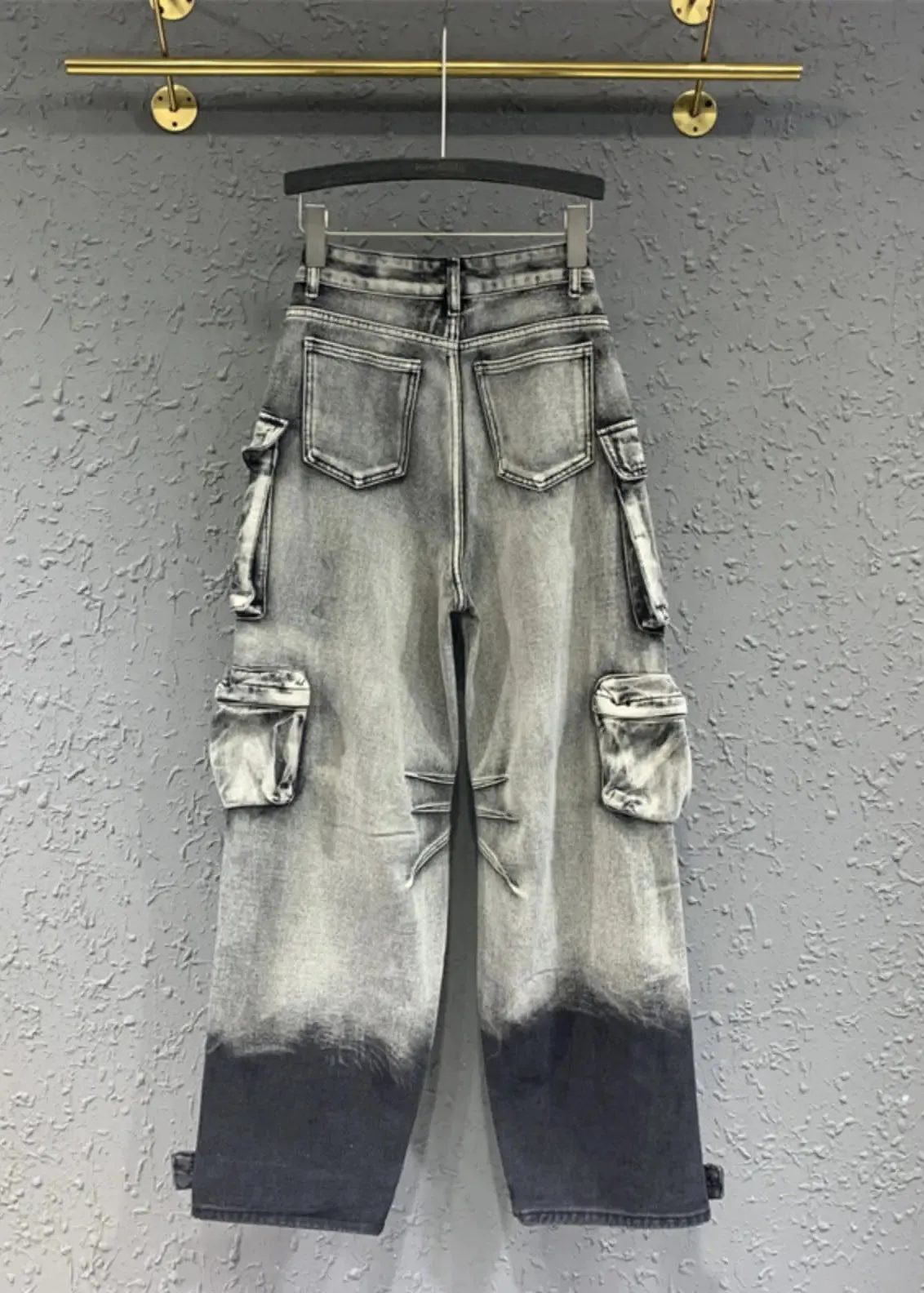 Gradient Color Grey Pockets Patchwork Straight Jeans Fall ML0762