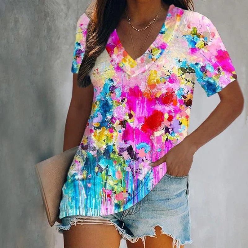 Gradient Tie-dye Printed V-neck Casual T-shirt Top