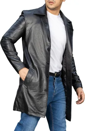 Jild Leather Trench Coat Men - 3/4 Length Casual Car Coat Style Lambskin Long Leather Jacket Men