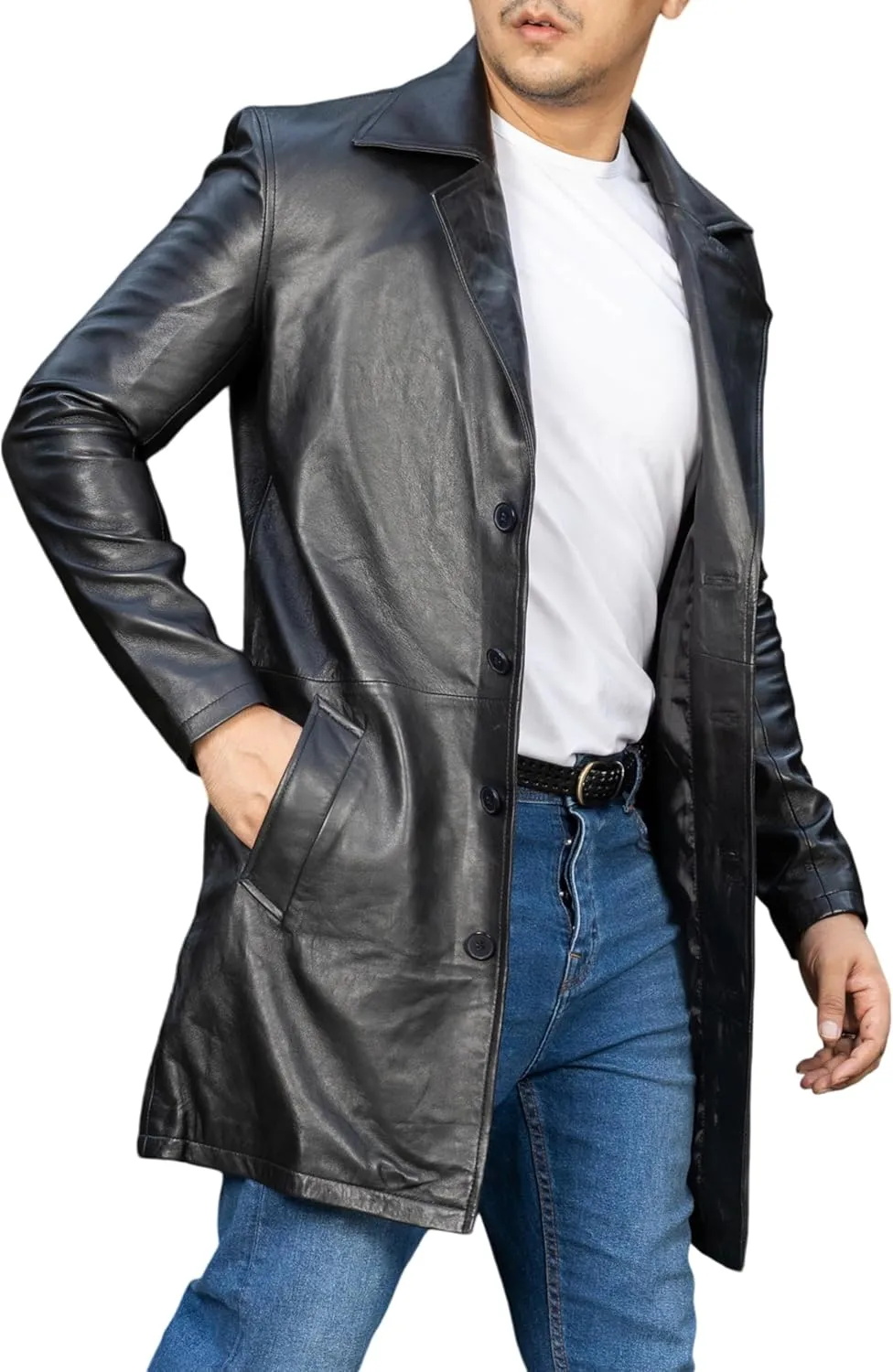 Jild Leather Trench Coat Men - 3/4 Length Casual Car Coat Style Lambskin Long Leather Jacket Men